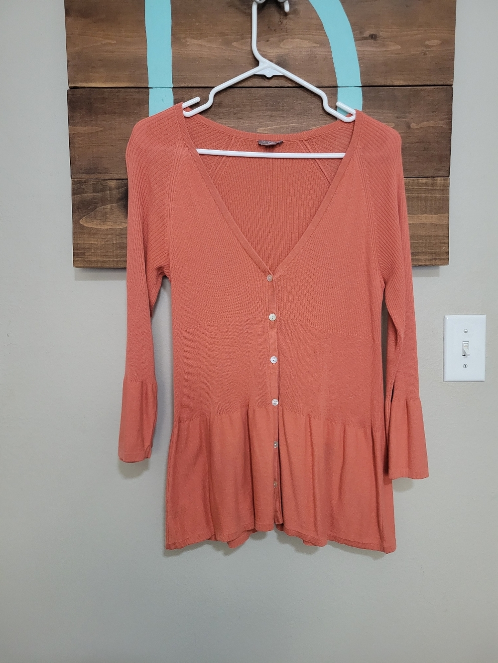 J Jill Coral Silk Blend 3/4 Bell Sleeves Ruffled Hem Lightweight Cardigan Medium
